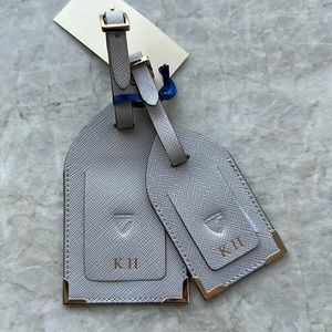 Aspinal of London Monogrammed Smooth Cognac Light Grey Saffiano Luggage Tags